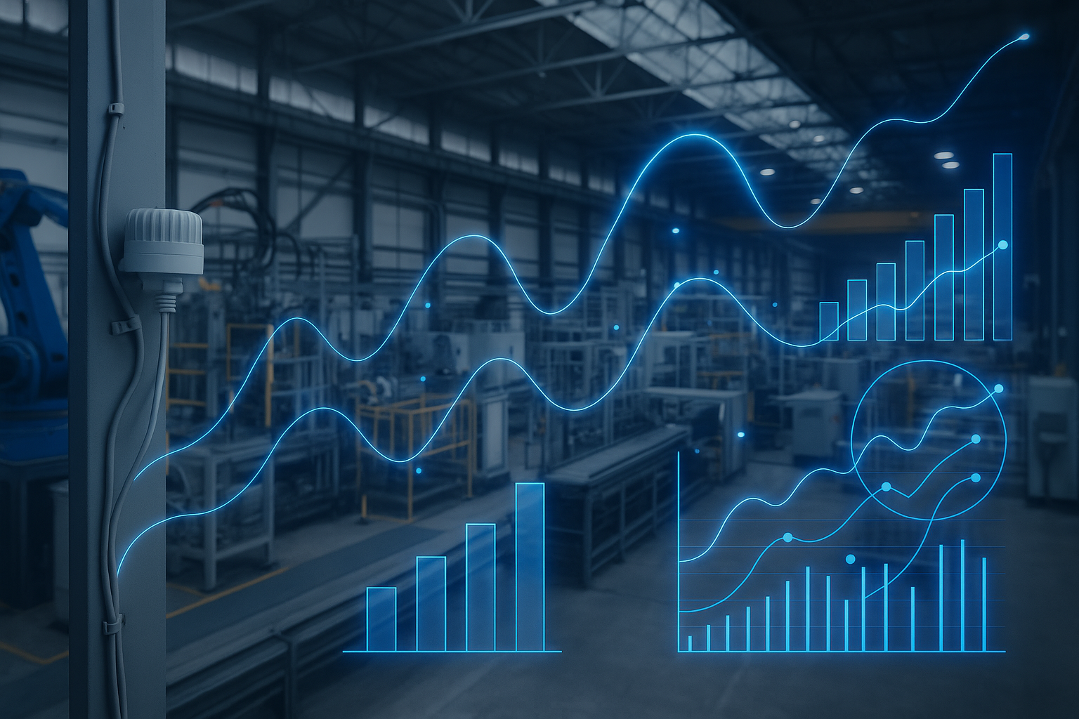 Abstract illustration of sensor data flowing into a central dashboard